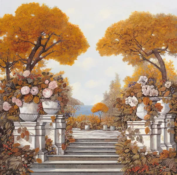 Фотообои и фрески на стену - оранжевые, белые, цветы, камень, желтые, ступеньки, деревья, природа, осень, розовые, небо, рисунок, лестницы