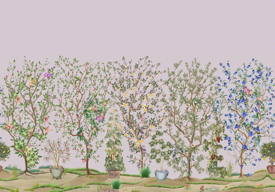 Фотообои и фрески на стену - цветы, кусты, сад, сиреневые, деревья, цветы в горшках, зеленые, растения в горшках, цветы на сиреневом фоне