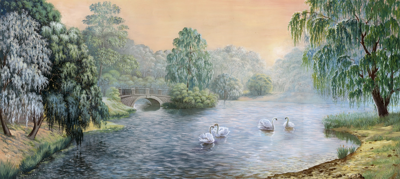 Фотообои и фрески на стену - пейзаж, природа, с рекой, мост, лебеди, камни, берег у реки, деревья, река, трава