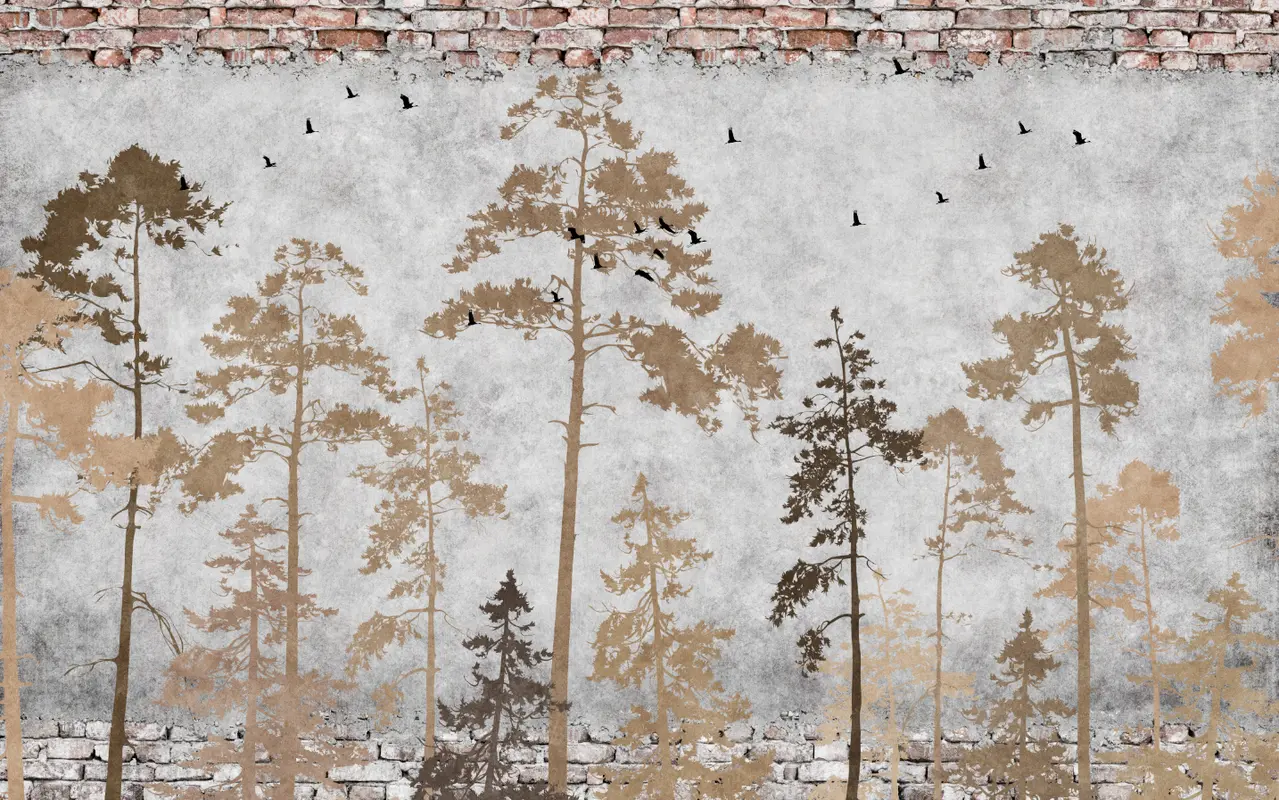 Фотообои и фрески на стену - современный, природа, кирпич, птицы, лес, кирпичная стена, туман, ель, лофт, деревья, растения