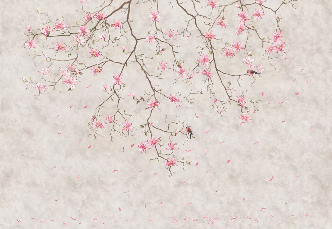 Фотообои и фрески на стену - снегири, ветви, розовые, птицы, лепестки