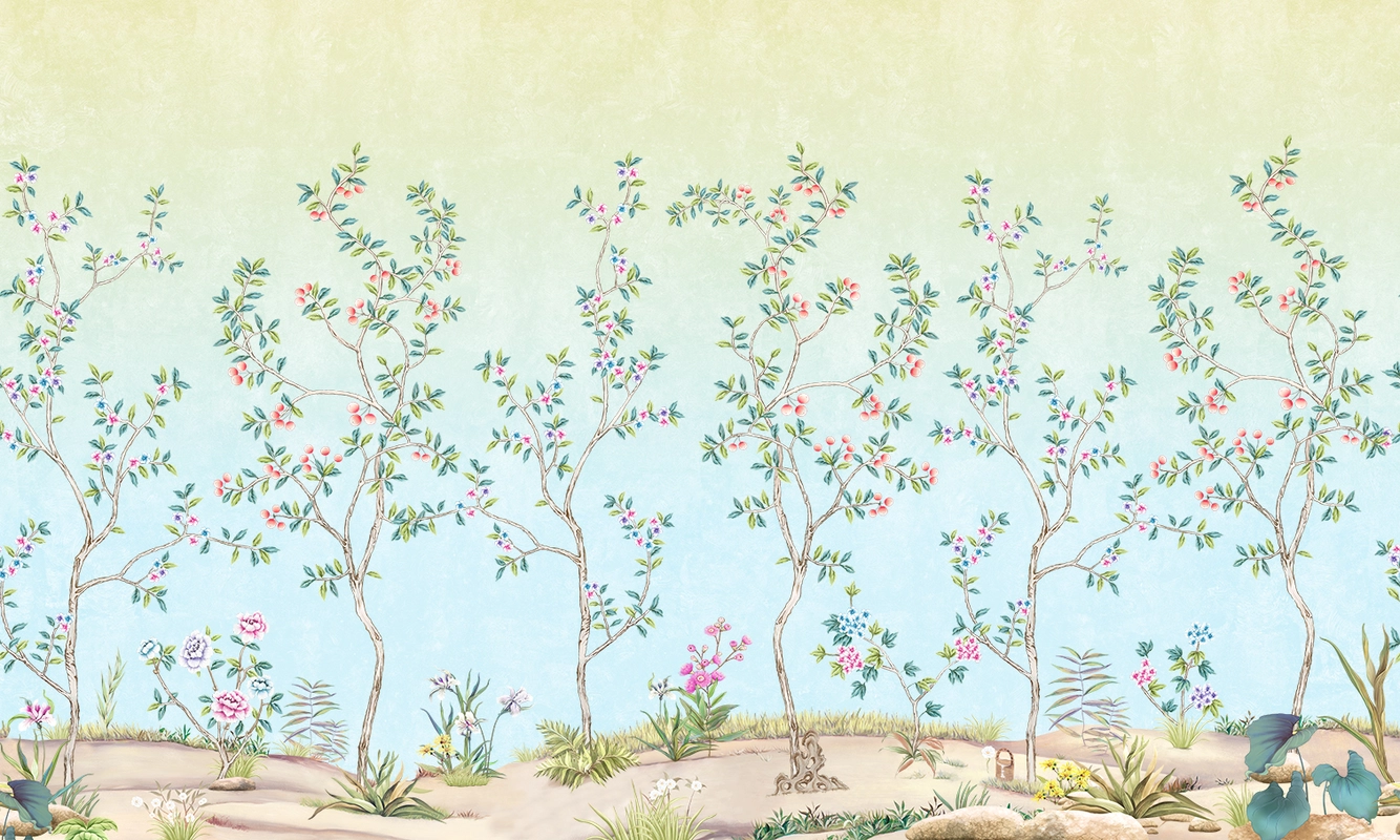 Фотообои и фрески на стену - цветы, деревья, цветущие деревья, птицы, листья, кусты, шинуазри