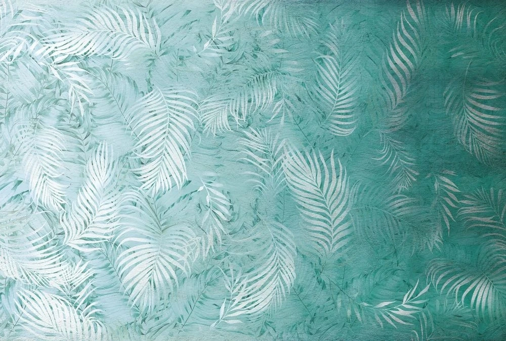 Фотообои на стену - в спальню, листья тропические, зеленые, белые