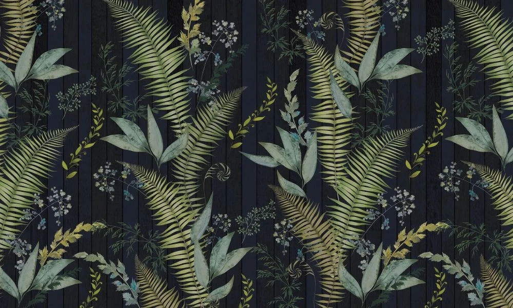 Фотообои на стену - в загородный дом, листья, тропические, крупные, зеленые, на черном фоне