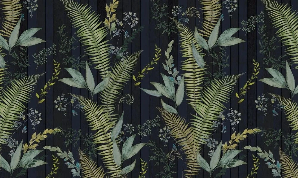 Фотообои на стену - в загородный дом, листья, тропические, крупные, зеленые, на черном фоне