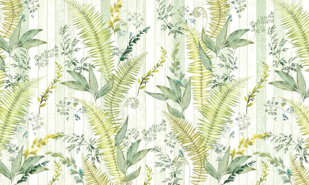 Фотообои и фрески на стену - в загородный дом, листья, тропические, крупные, светло салатовые, на белом фоне