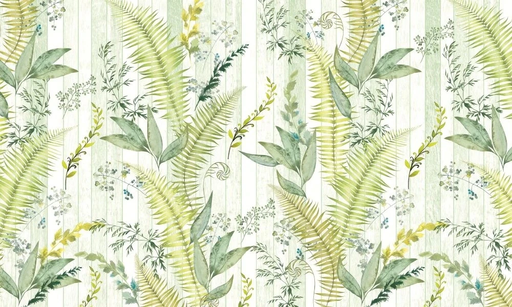 Фотообои и фрески на стену - в загородный дом, листья, тропические, крупные, светло салатовые, на белом фоне