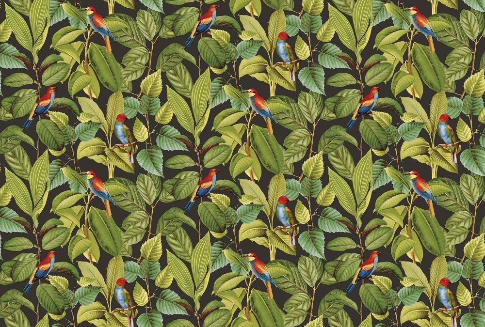 Фотообои и фрески на стену - в загородный дом, листья, птицы, на черном фоне