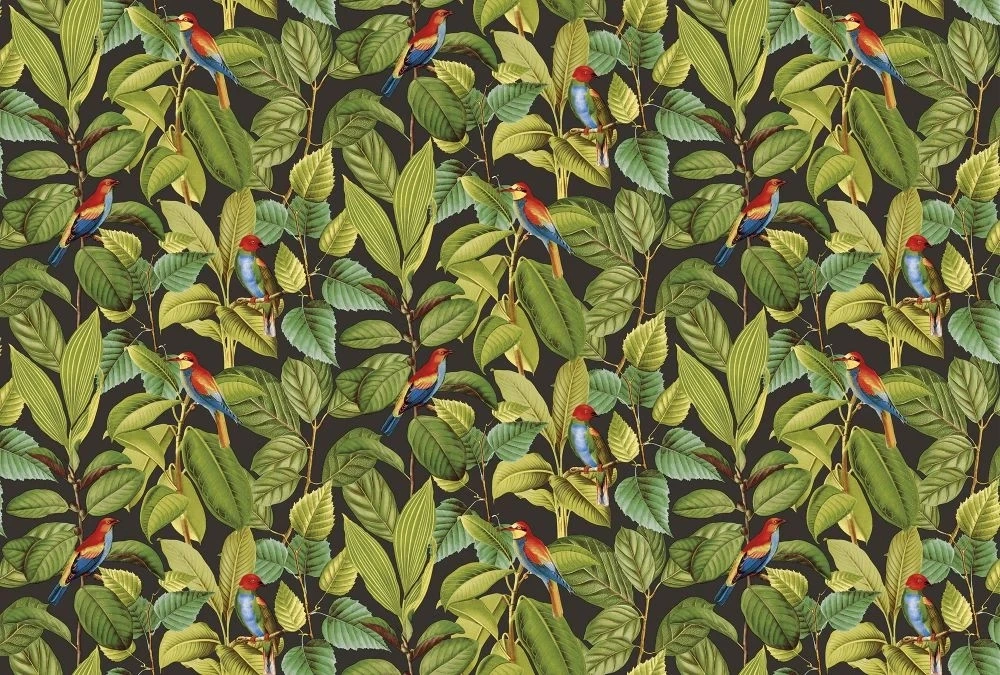 Фотообои и фрески на стену - в загородный дом, листья, птицы, на черном фоне