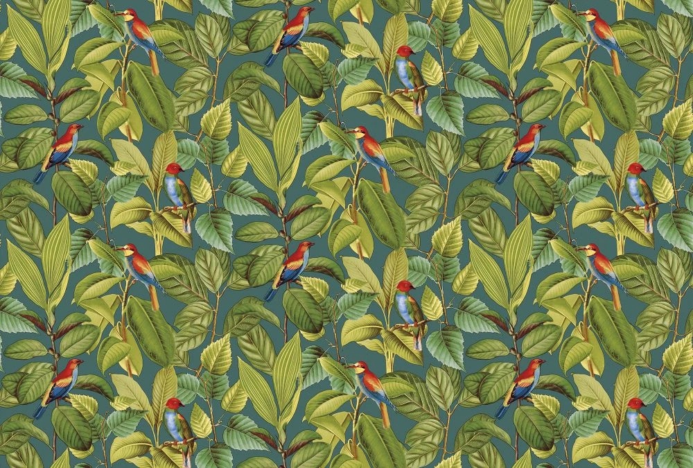 Фотообои и фрески на стену - в загородный дом, листья, птицы, ярко зеленые, на бирюзовом фоне