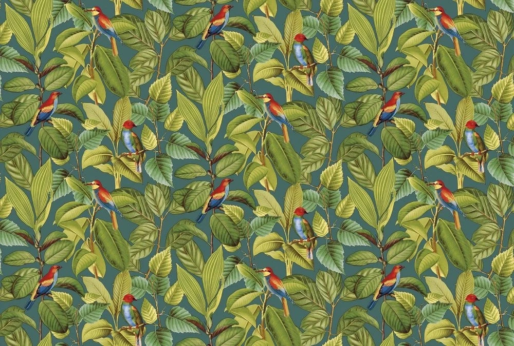 Фотообои и фрески на стену - в загородный дом, листья, птицы, ярко зеленые, на бирюзовом фоне