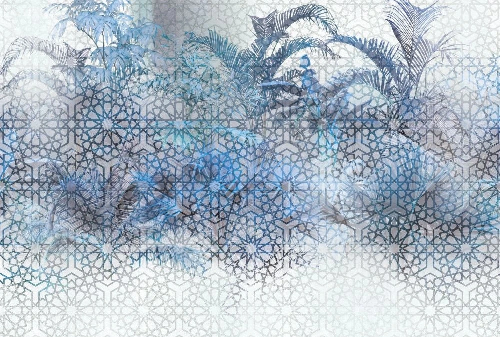 Фотообои на стену - в загородный дом, листья, тропические, синие, узор