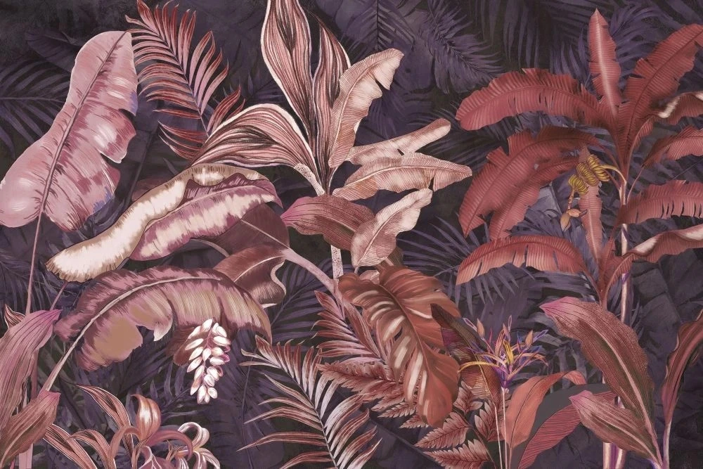 Фотообои на стену - в загородный дом, листья, тропические, розовые, на сером фоне