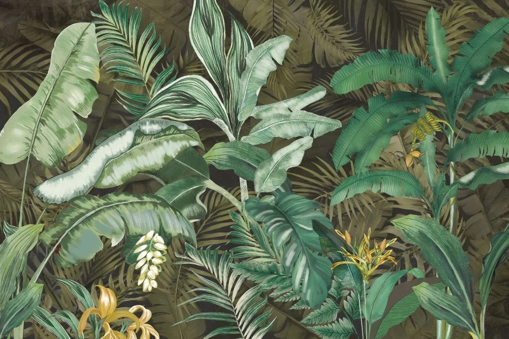 Фотообои и фрески на стену - в загородный дом, листья, тропические, ярко зеленые, на темно зеленом фоне