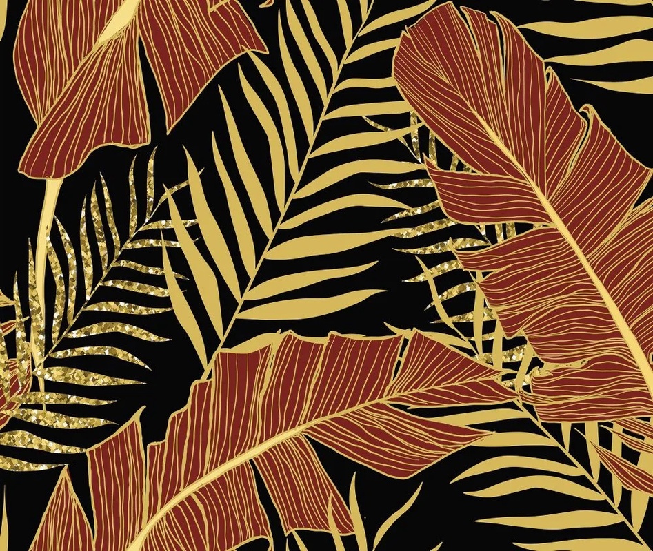 Фотообои на стену - в загородный дом, листья, тропические, красно-желтые, золотые, на черном фоне