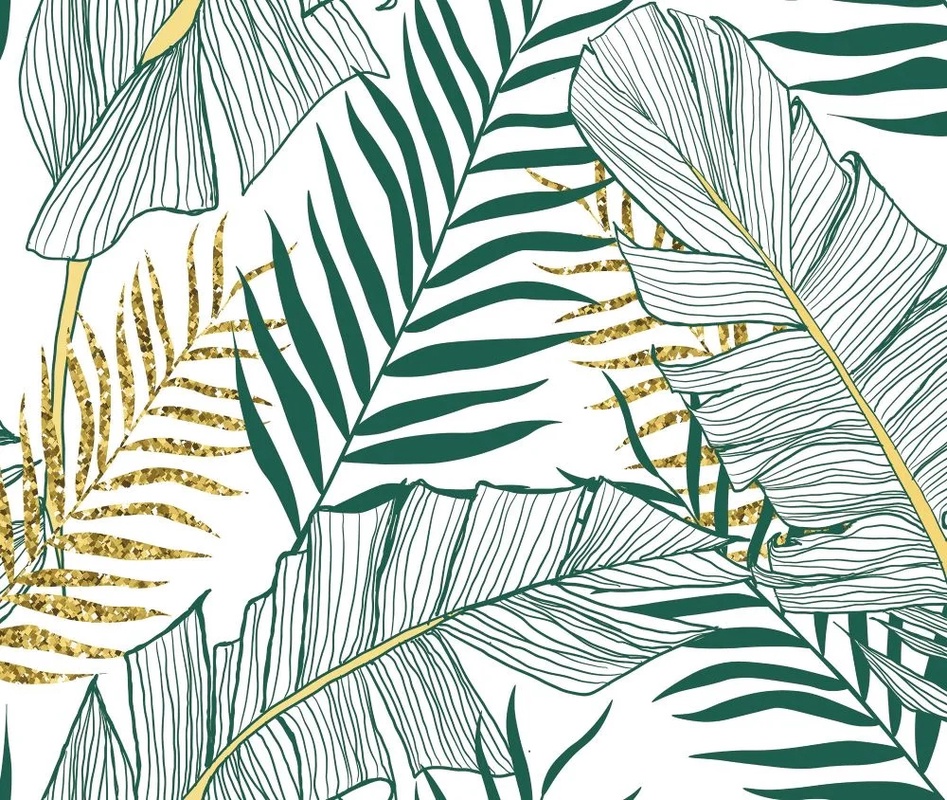 Фотообои на стену - в загородный дом, листья, тропические, бело-зеленая, с золотом, на белом фоне