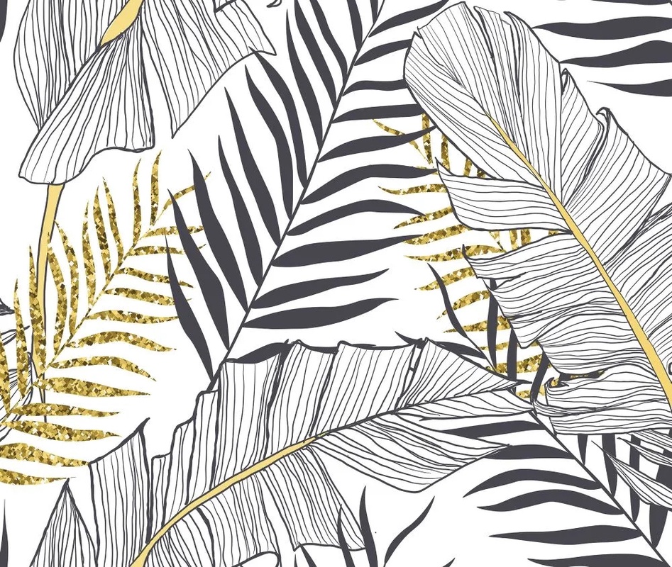 Фотообои и фрески на стену - в загородный дом, листья, тропические, черно-белые, золотые, на белом фоне