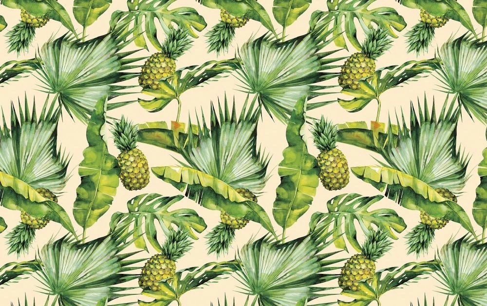 Фотообои на стену - в загородный дом, листья, тропические, ананасы, на желтом фоне