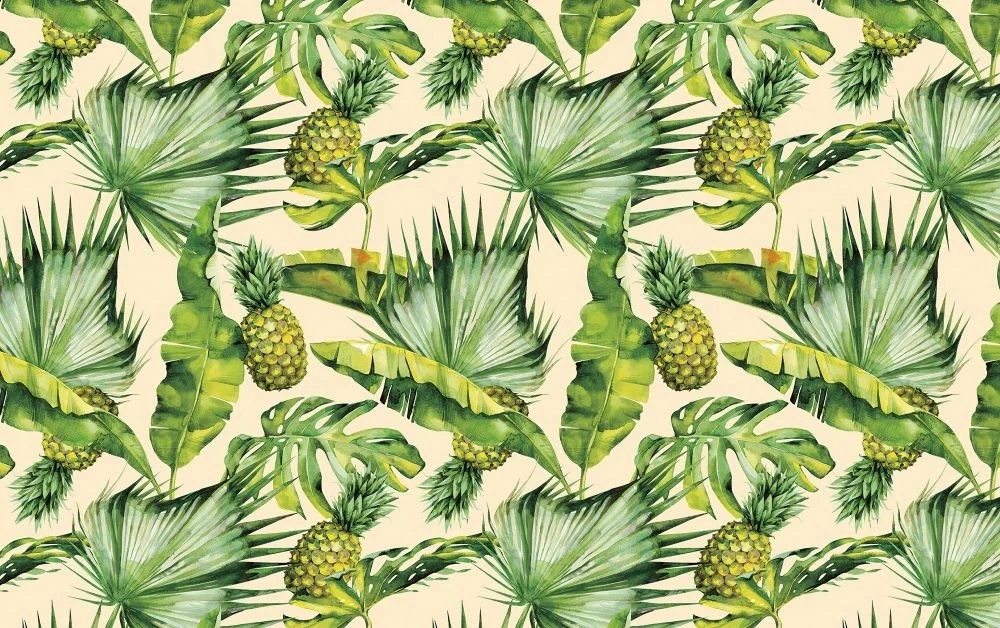 Фотообои и фрески на стену - в загородный дом, листья, тропические, ананасы, на желтом фоне