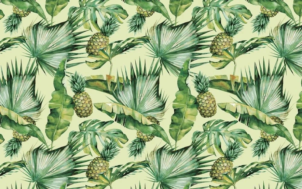 Фотообои на стену - в загородный дом, листья, тропические, ананасы, на салатовом фоне