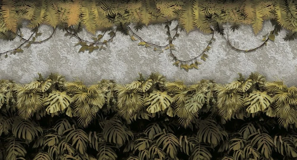 Фотообои и фрески на стену - в загородный дом, тропические листья, желто-зеленые