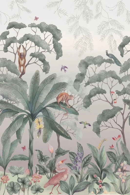 Фотообои на стену - в загородный дом, тропики, пальмы, на сером фоне