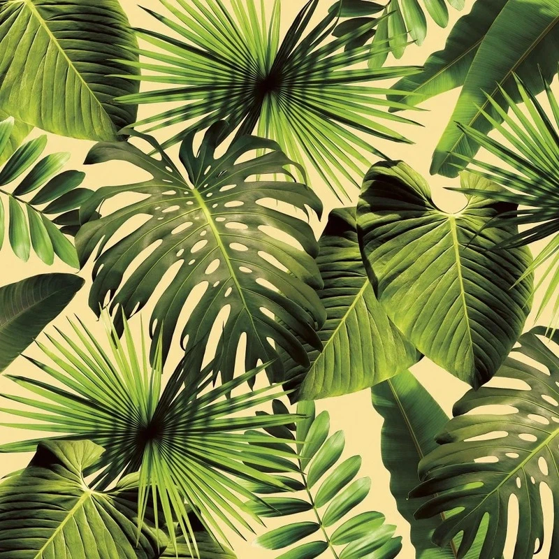 Фотообои и фрески на стену - в загородный дом, листья, тропические, крупные, на желтом фоне