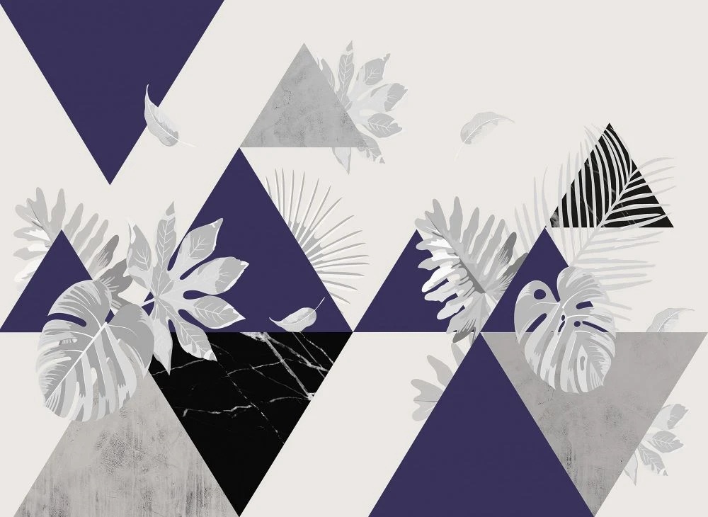 Фотообои на стену - геометрия, сине-белая, листья тропические, серые