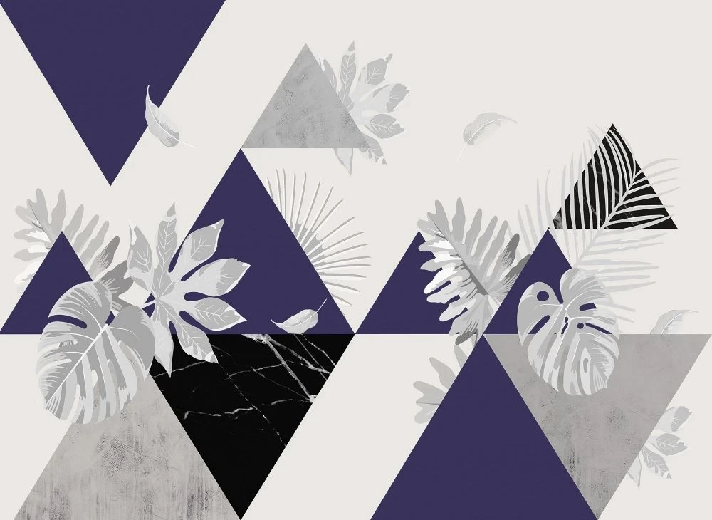 Фотообои на стену - геометрия, сине-белая, листья тропические, серые