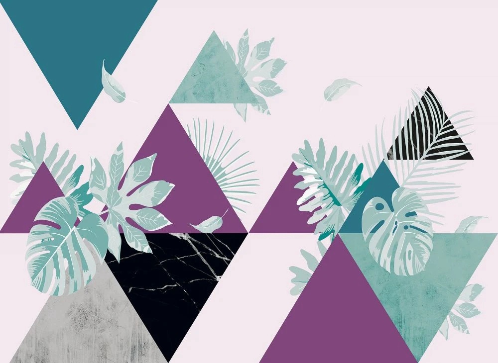 Фотообои на стену - геометрия, фиолетовая, бирюзовая, на белом фоне