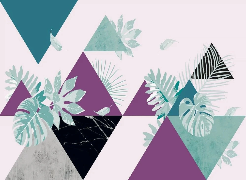 Фотообои на стену - геометрия, фиолетовая, бирюзовая, на белом фоне