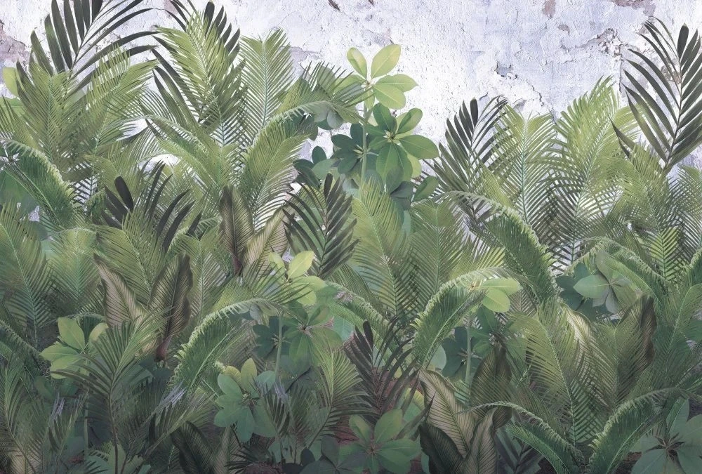 Фотообои на стену - в загородный дом, тропические листья, серо-зеленые