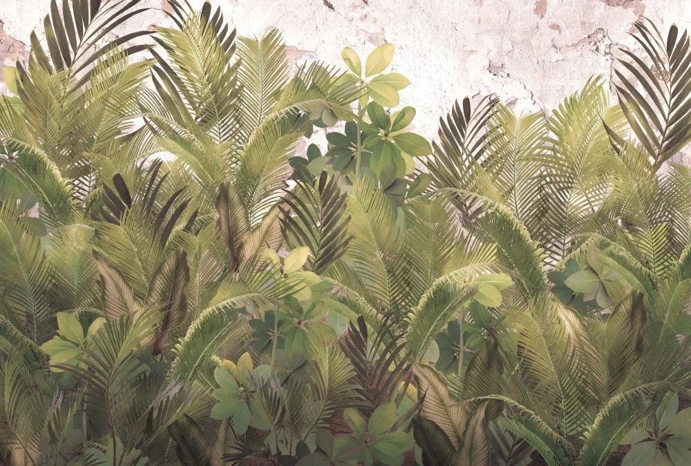 Фотообои на стену - в загородный дом, тропические листья, бежево-зеленые