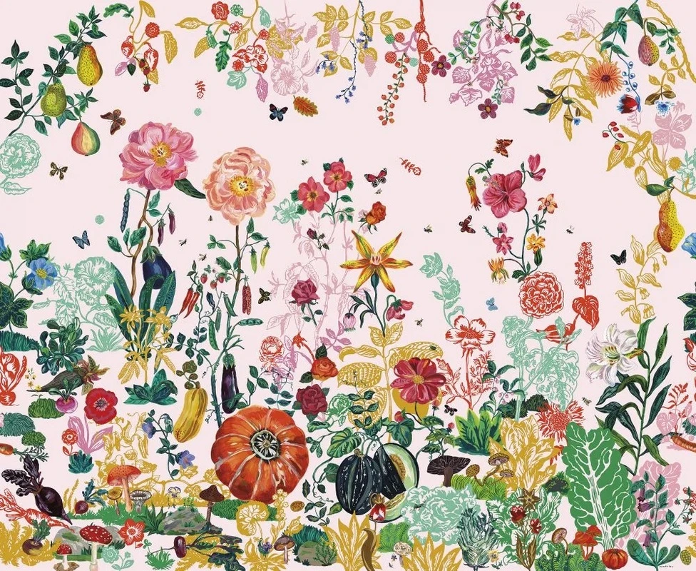 Фотообои на стену - в загородный дом, цветы, листья, на розовом фоне