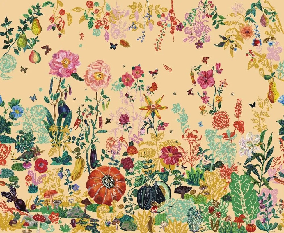 Фотообои и фрески на стену - в загородный дом, цветы, листья, на оранжевом фоне