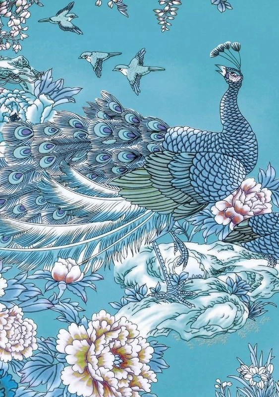 Фотообои и фрески на стену - в загородный дом, павлин, синий, на синем фоне