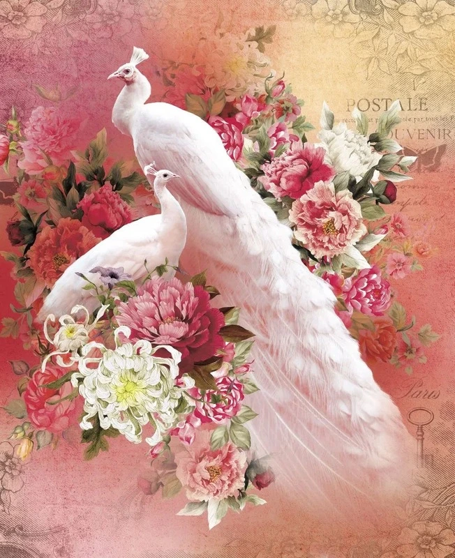 Фотообои на стену - в загородный дом, белые павлины, цветы, пионы, розовая