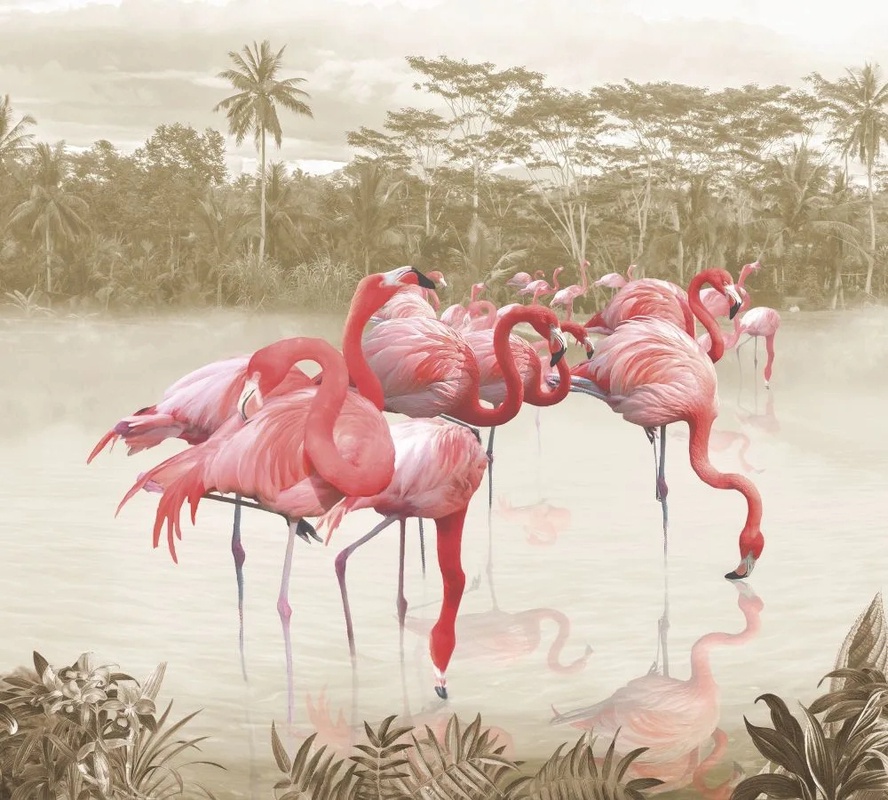 Фотообои на стену - в загородный дом, тропический лес, фламинго