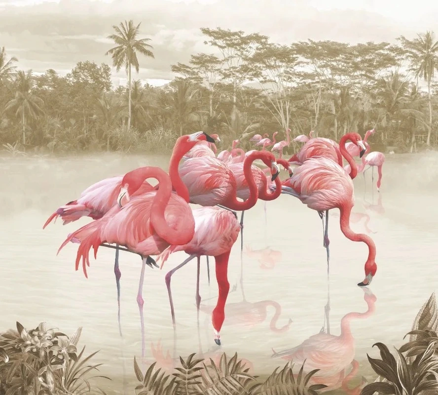 Фотообои на стену - в загородный дом, тропический лес, фламинго