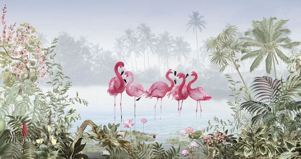 Фотообои и фрески на стену - в загородный дом, тропический лес, зеленая, фламинго