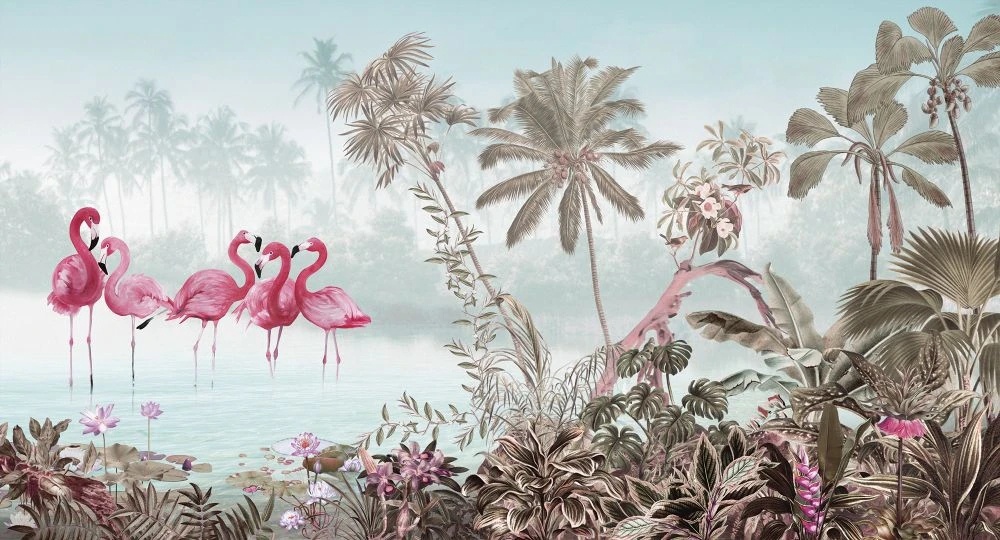 Фотообои на стену - в загородный дом, тропики, фламинго