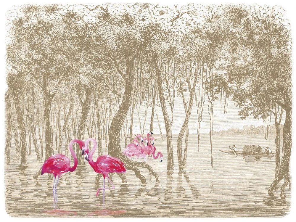 Фотообои на стену - в загородный дом, бежевый лес, фламинго