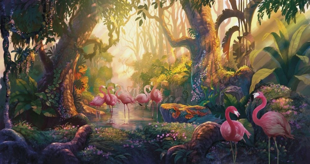 Фотообои и фрески на стену - в загородный дом, лес, закат, фламинго