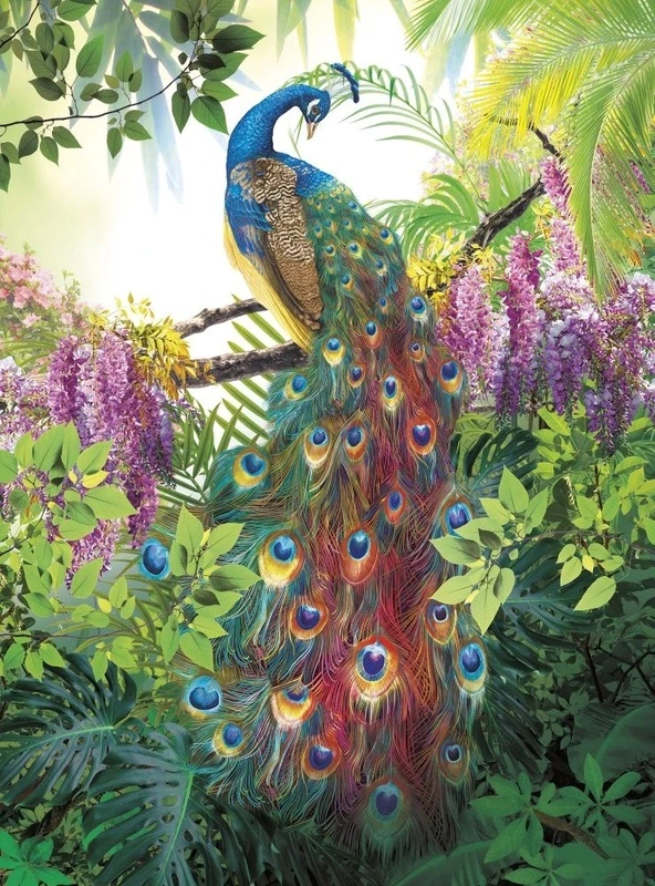 Фотообои и фрески на стену - в загородный дом, павлин, яркая, цветы, листья