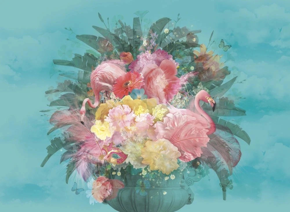 Фотообои и фрески на стену - в загородный дом, цветы, фламинго, бирюзовые