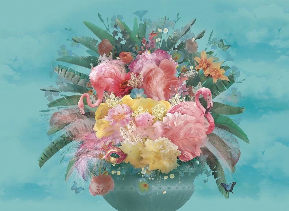 Фотообои на стену - в загородный дом, цветы, желто-розовые, фламинго