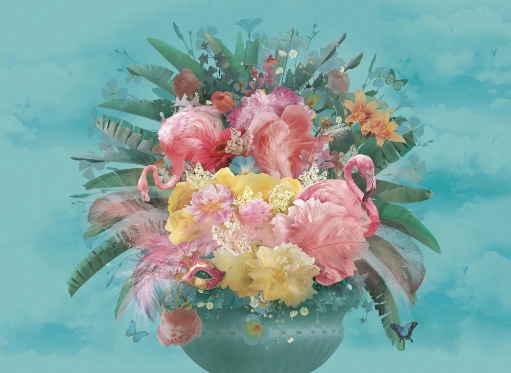 Фотообои на стену - в загородный дом, цветы, желто-розовые, фламинго