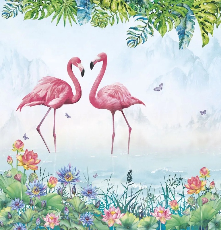 Фотообои на стену - в загородный дом, поляна, два фламинго