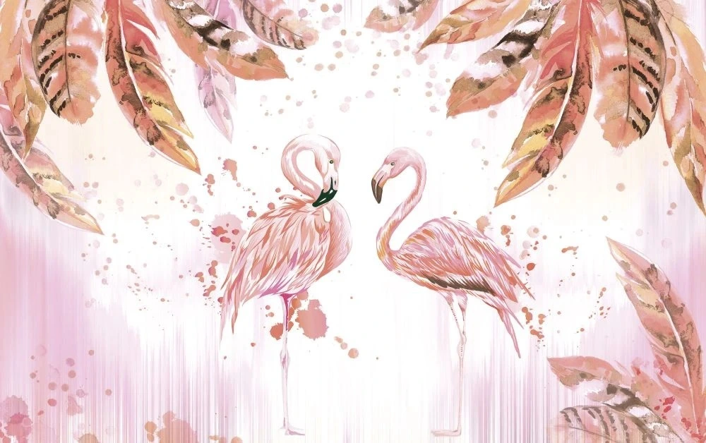 Фотообои на стену - в загородный дом, два фламинго, розовая, листья крупные