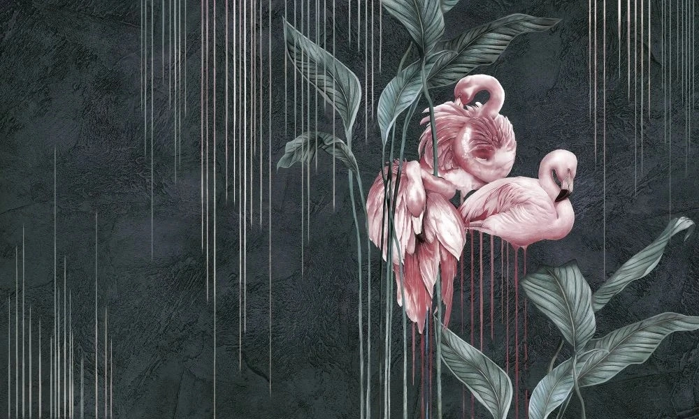 Фотообои на стену - в ванную комнату, фламинго, серо-зеленая